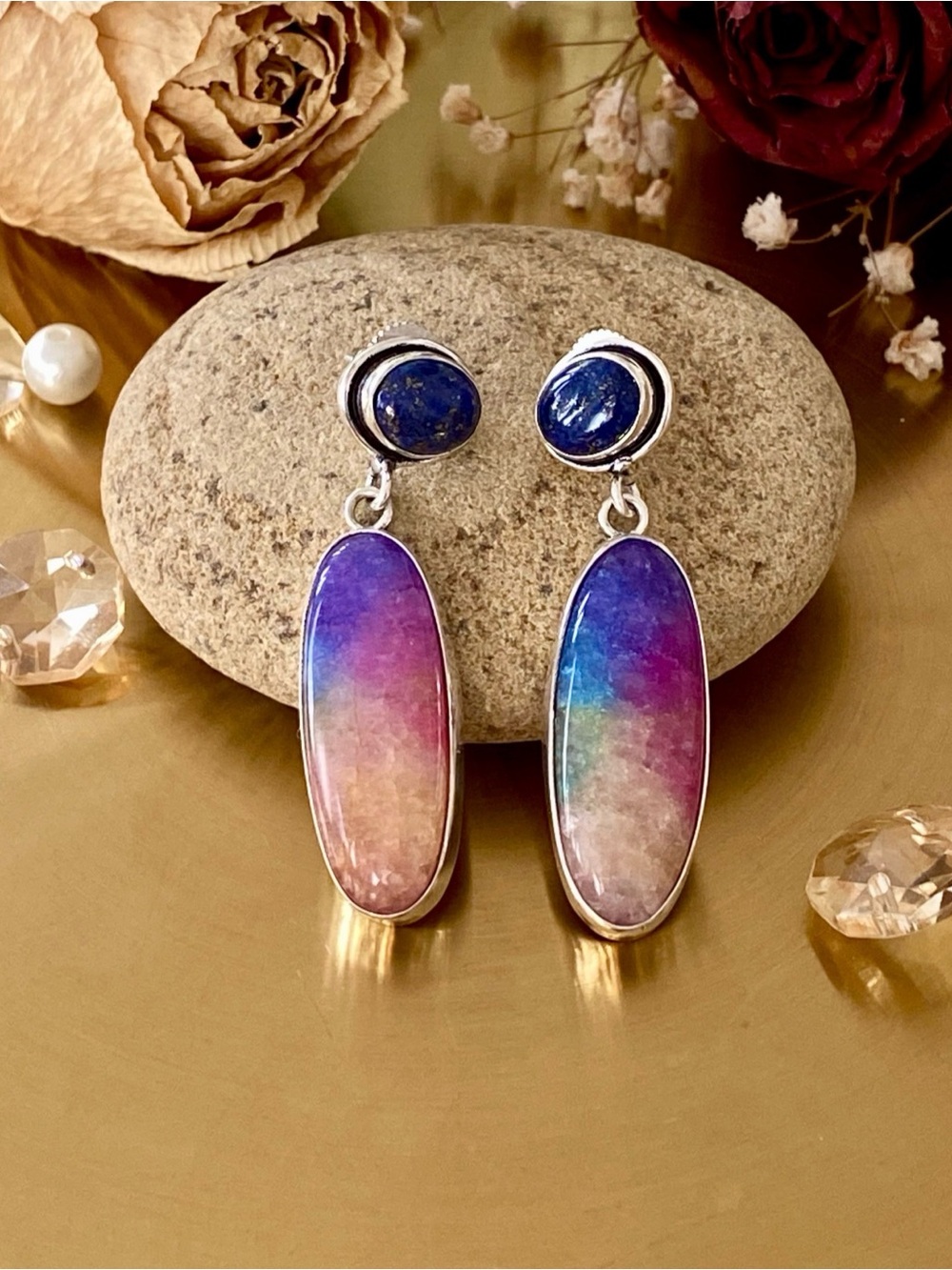 Lapis And Rainbow Solar Quartz Earrings